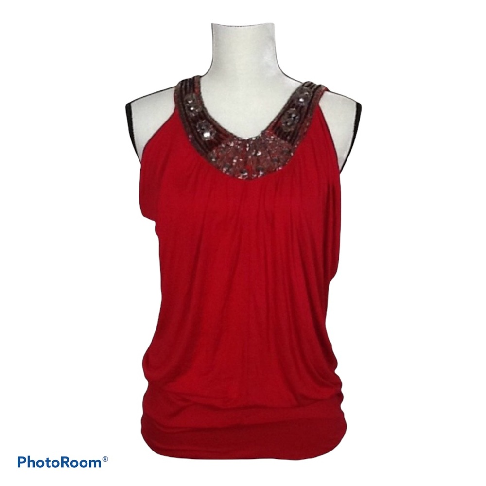 Cache Silver Metallic Beaded Red Top - image 1